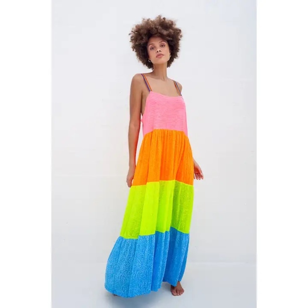 Pitusa Neon Colorblock Tiered Maxi Dress - Pink, Orange, Lime, Blue